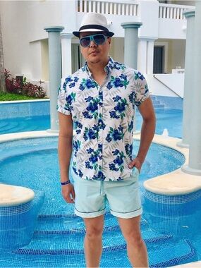 Blue Floral Short-Sleeve Button-Down Shirt